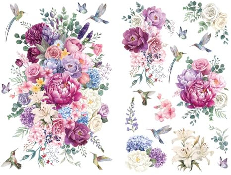 Joeyan Möbelaufkleber, Rub On Sticker Blumen Transferfolie für Crafts, 2 Große Aquarell Pfingstrose 42x30cm, DIY Home Decal auf Holz Glas Metall Leinwand Porzellan Papier Kunststoff, Rosa und Lila