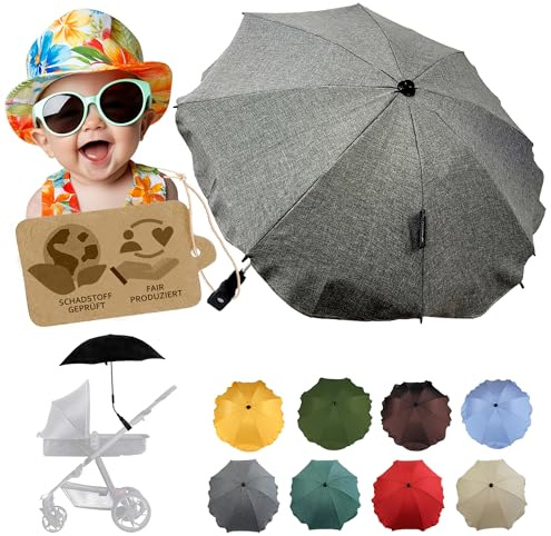 Sonnenschutz universal Sonnenschirm für Kinderwagen Buggy (mel dunkelgrau) | UV Schutz 50+, Universalhalterung, biegsamer Schirm, für Rund- und Ovalrohre, verstellbar