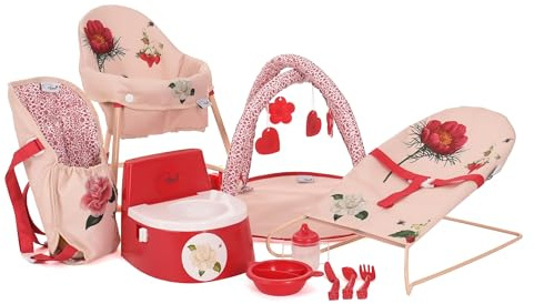 Roma RHS 10 Piece Dolls Accessory Set - Flora: Baby Walker, Bouncer, Front Carrier, Potty, Feeding Bowl, Cutlery set, Drinking Beaker, Playgym for Dolls 26-45 cm
