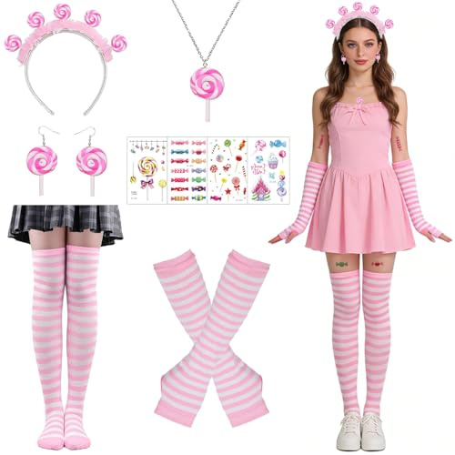 MINGJAY Lollipop Kostüm,Lollipop Stirnband,Candy Kostüm,Kniestrümpfe Regenboge,Candy Hairband,Fingerlose Handschuhe,Regenboge Handschuhe,für Karneval,Fasching,Mottoparty,Halloween