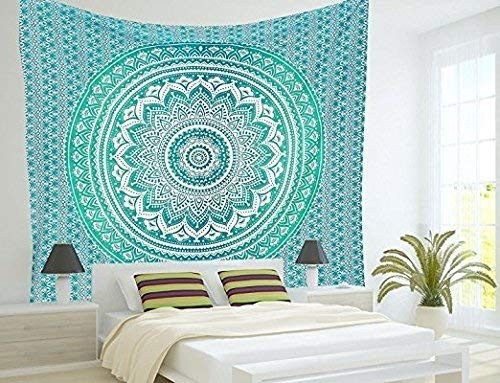 Popular Handicrafts Wandteppich, Ombré-Stil, Hippie-Mandala, Bohemian-Stil, indische Wandteppiche, Tagesdecke, 230 x 270 cm, Grün