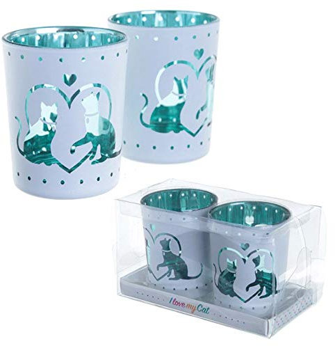 Puckator Set von 2 Teelichthalter I Love My Cat, Glass, Grün/Weiß, Einheitsgröße