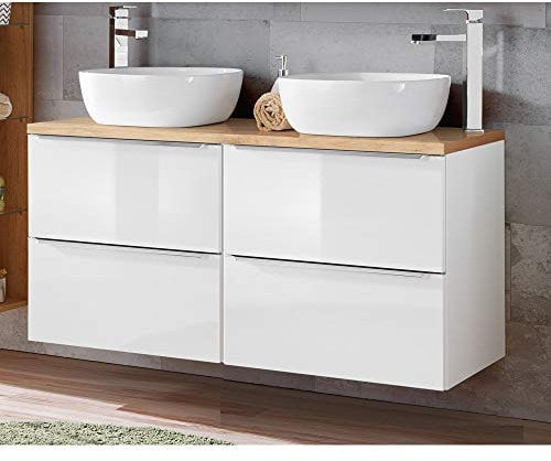 Lomadox Badmöbel Doppel-Waschtisch Set, 121cm Waschtischunterschrank in Hochglanz weiß mit Wotaneiche, inkl. 2 Keramik Aufsatzwaschbecken