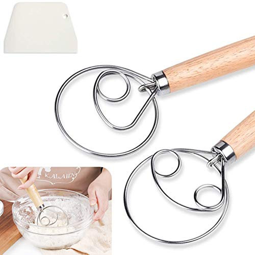 Vanujoy Lot de 2 fouets à pâte danois avec grattoir à pâte, ustensile de découpe, 33 cm de cuisine en acier inoxydable, mélangeur à pain, fouet pour la pâtisserie, la pâte à pizza.