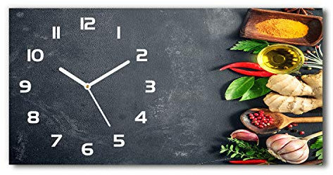 Tulup Wanduhr aus Glas 60x30 cm Glas Uhr Bild Glasuhr Gehärtetes Glas Küchenuhren - weiße Zeiger - Kräuter und Gewürze
