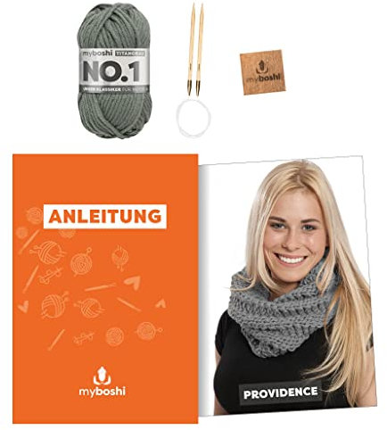 myboshi Strickset Schlauchschal Providence, inkl. No.1 Wolle, Nadel und Anleitung, für Mützen und Schals, Strickpaket, 30% Merinowolle Grau mit Stricknadel