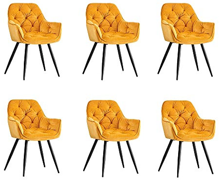 JaHECOME Esszimmerstuhl,Sessel,Samt,Wohnzimmerstuhl,Farbe wählbar,Retro-Design,Stoff,gepolsterter Sitz mit Rückenlehne,Schwarze Metallbeine für Küche, Schlafzimmer, Esszimmer(Gelb,6)