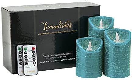 Flameless Candles Flickering LED | Battery Operated Electric Pillar Candle | Realistic Moving Flame Flicker with Remote Control & Timer | Real Wax Tempo Teal | Great Home Decor | Decorative Gift