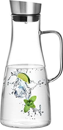 CnGlass 56oz/1650ml Glass Water Jug with Stainless Steel Lid Pitcher Water Carafe,Borosilicate Glass Water Jug for Juice,Tea Beverage