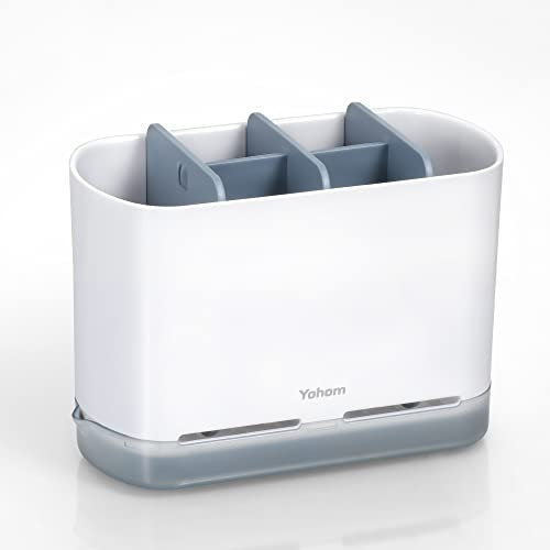 YOHOM Kitchen Sink Caddy Organiser with Drip Tray and Adjustable Compartments for Washing Utensils