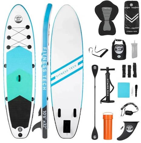 Fitness Tech Menorca-Surfbrett, aufblasbar, für Sport, Wassersport, mit Zubehör und Reparatur-Set für Anfänger und Profis mit 25,6 cm (10,6 Zoll), 320 x 81 x 15 cm