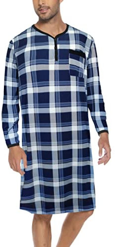 Chemise de Nuit Homme Pyjama Manches Longues Hauts de Pyjama Homme Tee-Shirt Long Col V avec Boutons Vêtements d'Intérieur T-Shirt Grande Taille Douce Confortable Carreaux Bleu Marine -A XL
