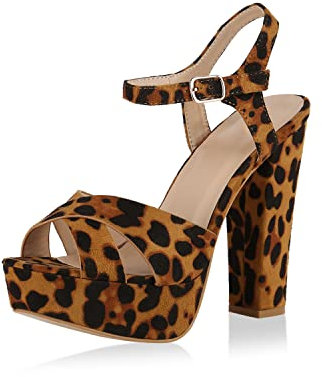 VAN HILL Damen Plateau Sandaletten Wildleder-Optik Party Schuhe Blockabsatz High Heels Basic Riemchen Absatzschuhe 175410 Leopard 36