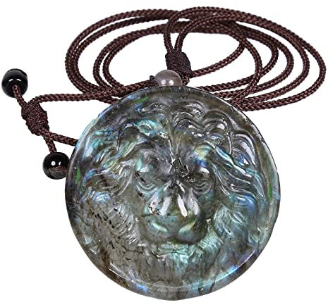 KYEYGWO Natürlichen Labradorit Ketten für Damen und Herren, Geschnitzt Stein Löwe Anhänger mit Einstellbare Nylon Seil, Heilung Kristall Halskette Edelstein Amulett Schmuck