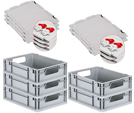 PROREGAL SuperSparSet 5x Eurobox NextGen Economy mit Scharnierdeckel & roten Verschlüssen | Griffe offen | HxBxT 12x30x40cm | 11 Liter | Eurobehälter Transportbox Transportbehälter Stapelbehälter