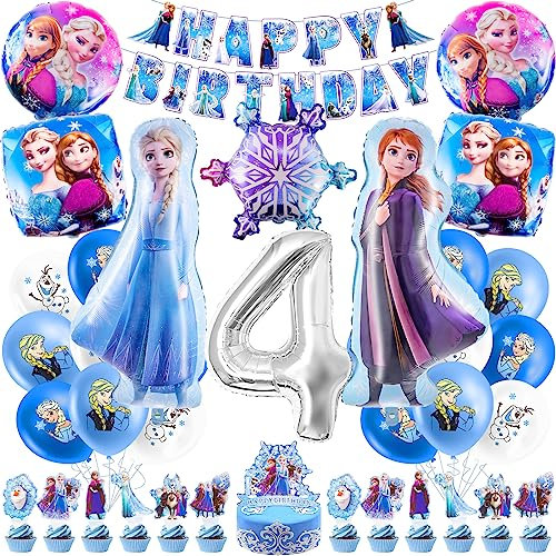 4 Jahre Frozen Geburtstagsdeko, Eiskönigin Geburtstagsdeko Frozen Deko Geburtstag 4 Jahre Mädchen mit Luftballons, Birthday Banner, Tortendeko für Kinder Geburtstag Dekoration