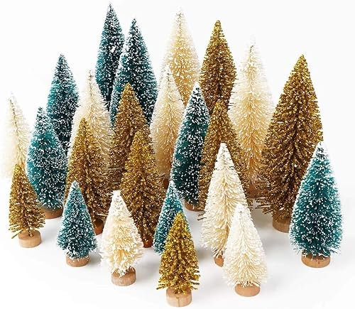 AerWo 24PCS Artificial Mini Christmas Trees, Upgrade Sisal Trees with Wood Base Bottle Brush Trees for Christmas Table Top Decor Winter Crafts Ornaments(Green, Gold and Ivory)