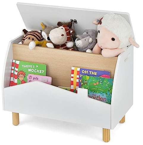 RELAX4LIFE 2 in 1 Contenitore Porta Giochi per Bambini, Cassapanca Baule in Legno, Libreria Scaffale per Cameretta e Asilo, 60 x 30 x 44 cm (Bianco, Scatola)