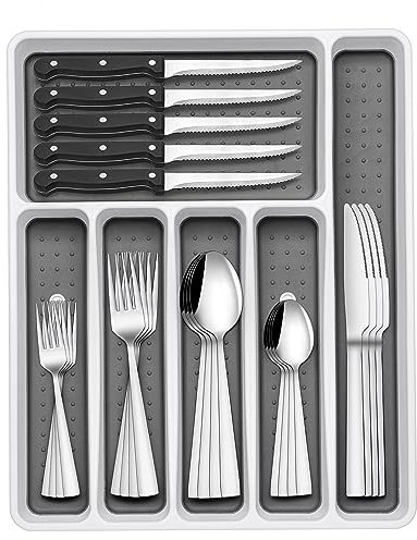 Besteck Set 6 Personen, 36 teilig Edelstahl Besteckset mit Steakmesser, Essbesteck Set mit Messer Gabel Löffel, Elegantes Tafelbesteck für Restaurant/Party, Spülmaschinenfest