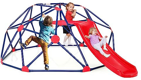 GOPLUS Ensemble 2 en 1 de Dôme d'escalade et Toboggan, Échelle à Grimper Géométrique en Métal Stable avec Capacité de Charge 150KG, Aire de Jeux Extérieure et Intérieure pour Enfants 3+ Ans (Rouge)