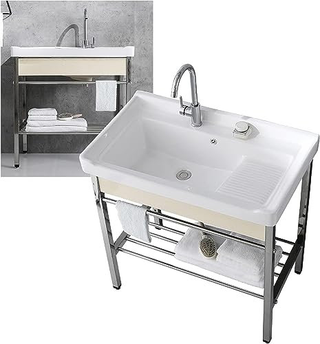 CATANK Accueil Éviers de Cuisine Évier de buanderie, évier de Cuisine autoportant en céramique, Ensemble de Meuble-lavabo de Salle de Bain à évier Simple Moderne, avec étagère en Acier in