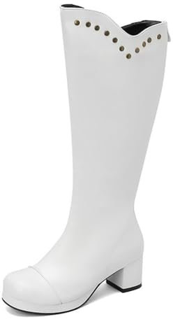 WeFloHsL Stivali Alti al Ginocchio con Tacco Largo da Donna con Plateau in Pelle PU con Taglio A V Borchiati Stivali Eleganti,Bianca,40 EU