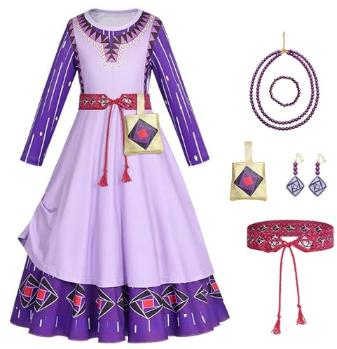 YOSICIL Asha-Mädchenkostüm Asha-Prinzessinnenkostüm Wish Asha-Geburtstagskleid Asha-Kleidungsset Gürtel Taschen Halsketten Armbänder Ohrringe Cosplay-Party,violett,110