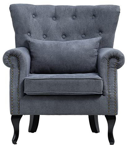 INMOZATA Retro Accent Chair Wingback Armchair with Lumbar Pillow Button Tufted Design Fireside Chair with Wood Frame for Living Room Bedroom (Grey)