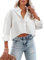 Imily Bela Damen Bluse V-Ausschnitt Crop Hemd Sommer Langarm Hemden 100% Baumwolle Elegant Oberteile mit Knöpfen(Weiß, M)