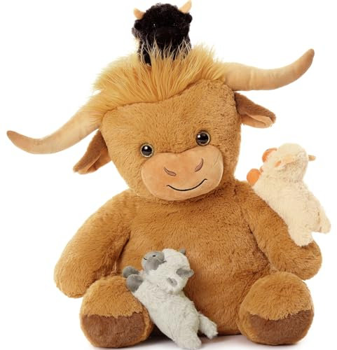 MorisMos 45cm riesen Hochlandrind Kuscheltiere mit 3 Babys im Bauch, Darkbrown groß PlüschKuh Rind Kuscheltiere XXL,Highland Cow Stofftier Spielzeug