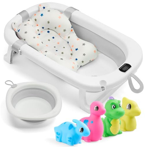 Akeraq Baignoire Bébé Pliable Portable avec Thermomètre Intégré, Coussin Antidérapant, Écope et Jouets en Caoutchouc, Baignoire Pliable Bébé avec Design Portable et Ergonomique (Gris)