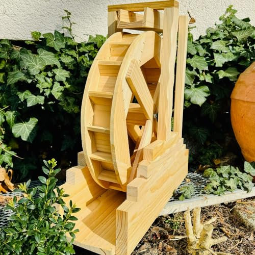 DARLUX Garten-Deko Holz Wasserrad XL mit Rinne I Wasserspiel I Wassermühle I Gartendekoration I Deko Kaskade I Höhe 59 cm Natur