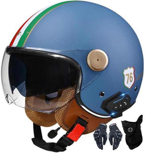 Kcolic Casco Moto Bluetooth 3/4 Cuffie E Microfono Integrati con Visiera Parasole Retrattile Mezzi Caschi Moto Stile Vintage Certificazione DOT/ECE Casco Jet Integrale L