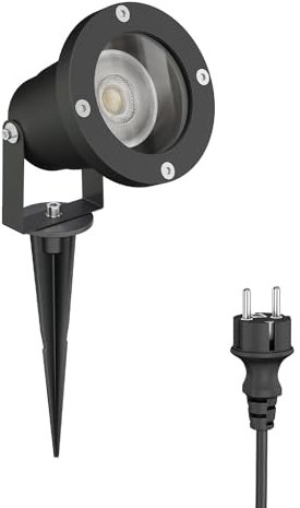 ledscom.de LED Gartenstrahler DUK schwarz mit Erdspieß für außen, IP65, inkl. GU10 Lampe (warmweiß, 7,6W, 1103lm, 33°)