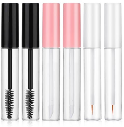 Leere Mascara-Tube und Zauberstab, 5 ml, Glas, Eyeliner, Lipgloss, nachfüllbar, Mascara-Tube mit Gummieinsätzen, transparenter Wimperncreme-Behälter für Rizinusöl, DIY-Kosmetik (6 Stück)