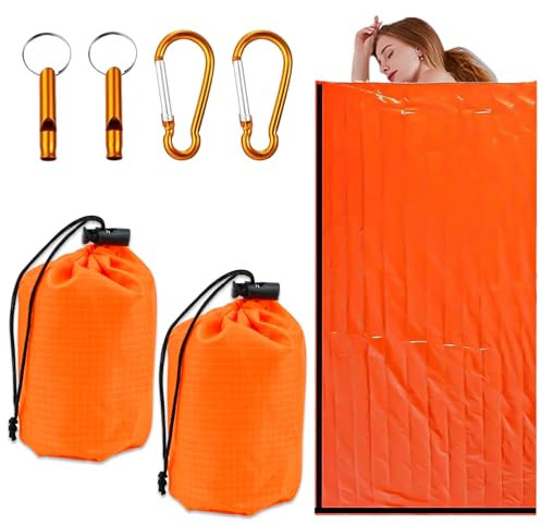 LPAMABA 2 Pièces Sac de Couchage de Survie Couvertures de Couchage d'urgence Sac de Thermique Léger Imperméable Sac de Bivouac de Survie avec Mousqueton et Sifflet pour Le Camping la Randonnée