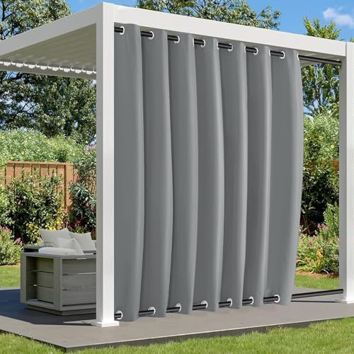 BliRiki Outdoor Vorhänge Wetterfest Sonnenschutz, Outdoor Vorhang mit Ösen Oben und Unten, Wasserdicht Outdoor Gardinen für Pavillon Terrasse Veranda | 1 Stück, Grau, B213xH183cm