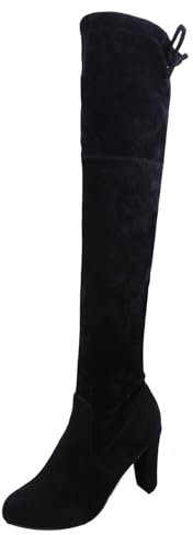 Stivali alti da donna con tacco alto, con lacci, punta a punta, in finta pelle scamosciata, comodi sopra il ginocchio, eleganti e versatili, Nero , 40 EU