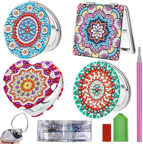 Lot de 4 miroirs de poche à peinture diamant 5D à faire soi-même, peinture diamant personnalisée, miroir de voyage pliable, ensemble de miroirs compacts, pour filles, femmes