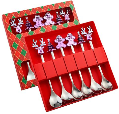 6 Pcs Cucchiaio di Natale, cucchiaino da caffè di Natale, set di cucchiai di Natale, cucchiaio di alce in acciaio inossidabile, cucchiaio da caffè di alce, cucchiaio da dessert di Natale(argento)