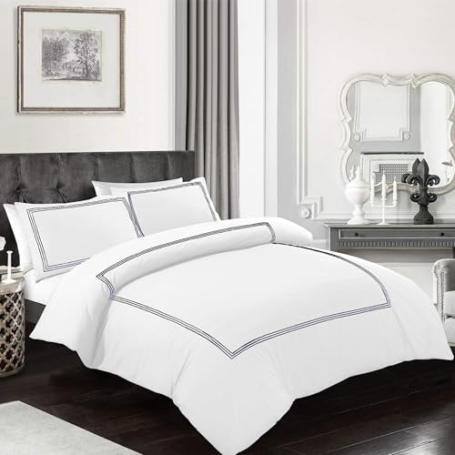 My home store 3 Pcs Embroidered Duvet Cover Hotel Quality 200TC Bedding Set Soft 100% Poly Cotton 1 Quilt Cover with 2 Pillowcases (Bratta Stitch White/Navy, Super King)