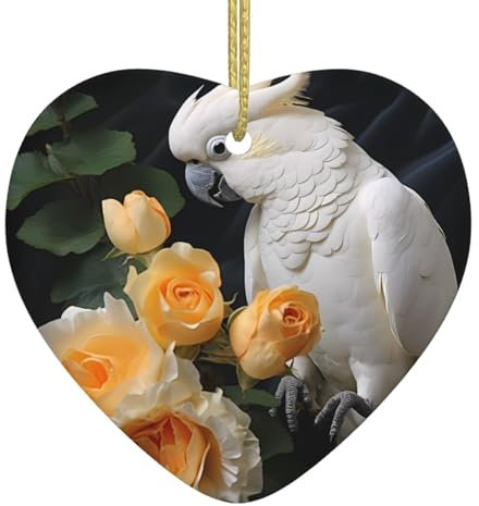 YYHWHJDE Weihnachten Keramik Herz Anhänger für festliche Dekoration und Souvenir Geschenk Schöne Kakadu Vogel Blume Drucke