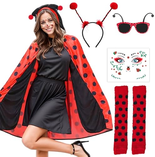 Sranin Marienkäfer Kostümset mit Umhang, Haarreif, Beinwärmer, Brille und Tattoos, Perfekt für Karneval und Halloween.