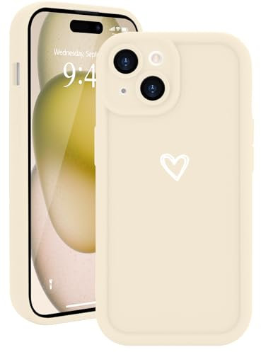 Micoden for iPhone 15 Case Cute Girls Silicone Shockproof Protective Bumper Case with Love Heart Pattern Design for iPhone 15-Cream