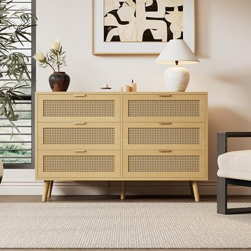 Kommode mit 6 Schubladen, Sideboard Schubladenschrank aus Holz, Schubladenkommode mit Metallgriffe, für Schlafzimmer, Wohnräume, Büro, Sideboard Highboard mit viel Stauraum,Oak,Maße: B120/H76.5/T40 cm