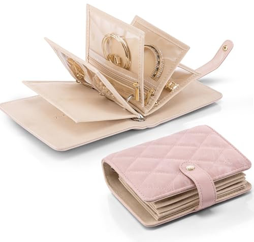 Vlando Jewellery Organiser, Foldable Earring Storage Organiser, Travel Jewellery Case with 5pcs Velvet Jewellery Pouches Bag for Necklace, Earring, Bracelets, Ring, Brooches(Sand Pink)