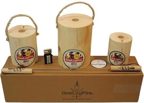 One Log Fire Swedish Fire Log Camping Set, Kiln-Dried Red Pine Swedish Torch with Easy Light Starter, Complete Campfire and Roasting Kit