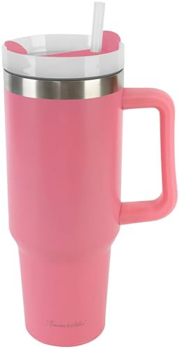 Rosenstein & Söhne Jumbo Tasse: Doppelwandiger Vakuum-Thermobecher, 1.200 ml, mit Trinkhalm, pink (Kaffee Becher mit Deckel Edelstahl, XXL Becher, Trinkflasche mit Tragegriff)