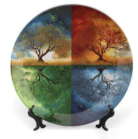 MNVTSKOP Dekorativer Teller aus Knochenporzellan, 4 Jahreszeiten, Baum des Lebens, Keramik-Dekoteller mit Präsentationsständer, runde Speiseteller, Porzellan, 20,3 cm