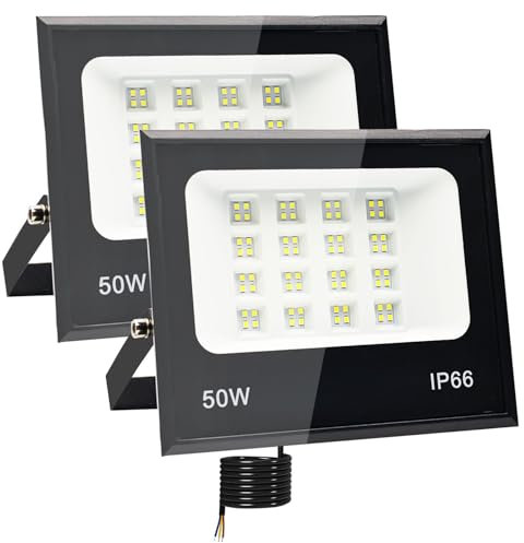 Tkdaksy 2 Piezas Focos LED Exterior 50W, 2M Cable Blanco Frío 6500K Proyector LED Exterior, Resistente al Agua IP66 Foco Proyector Led, 5000LM para Terrazas, Patios, Balcones, Parques, Garajes